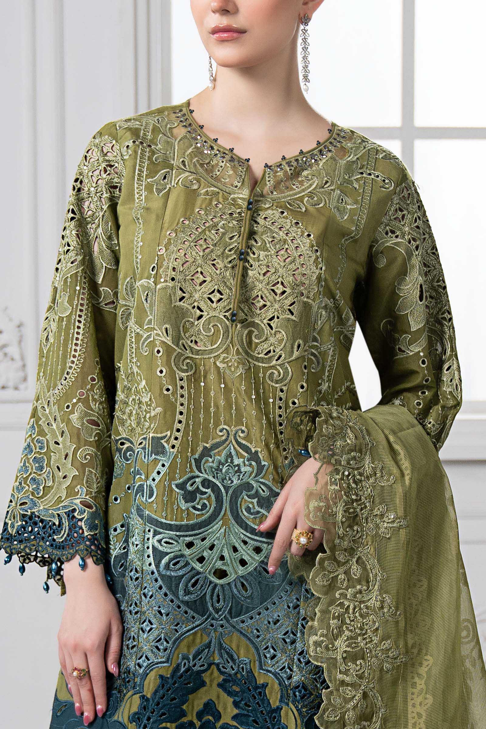 3 Piece Embroidered Paper Cotton Suit | DS-2501-A - Image 4
